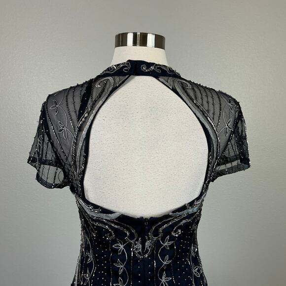 Adrianna Papell Beaded Cut Out Back Evening Gown Blue Size 6 Short Sleeve Formal - Picture 9 of 14